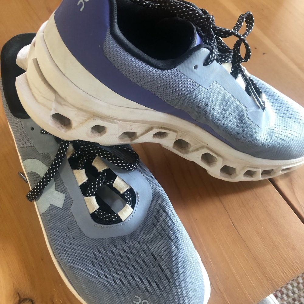 On Running Purple and White Athletic Shoes